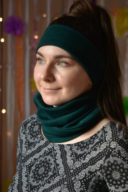 KOMPLET wełna merino komin+opaska butelkowa zieleń