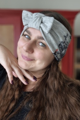 Opaska średnia kaszmir z kokardką szara z wzorem upcykling
