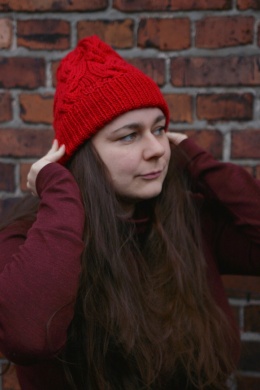 100% wełna merino czapka handmade warkocz czerwona 2