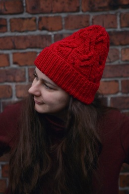 100% wełna merino czapka handmade warkocz czerwona 2