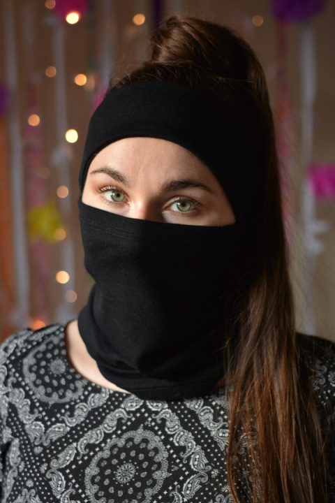 Komplet wełna merino komin+opaska czarny SUPER SOFT