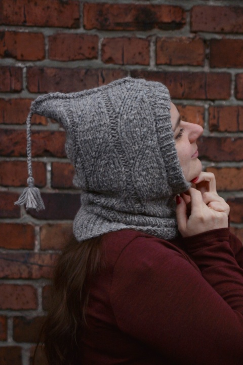 Wełna merino +alpaka balaklava kominiarka SZARA z pomponem :) kapturek handmade