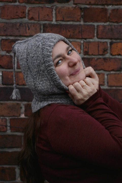 Wełna merino +alpaka balaklava kominiarka SZARA z pomponem :) kapturek handmade