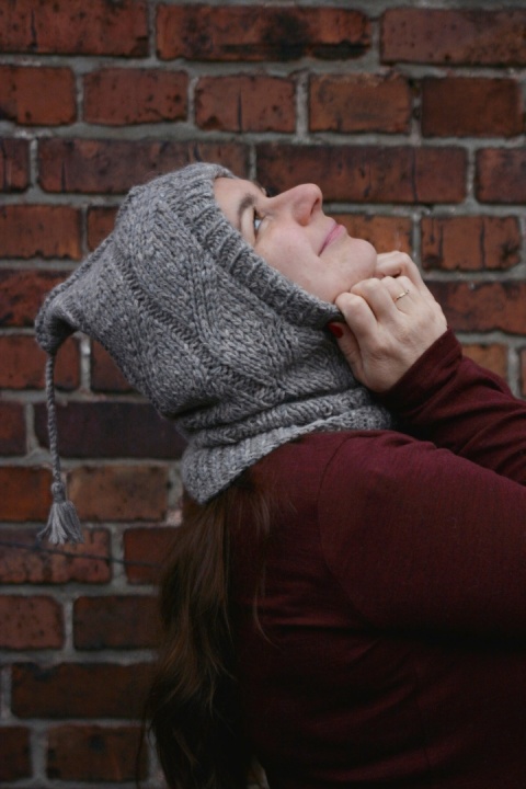 Wełna merino +alpaka balaklava kominiarka SZARA z pomponem :) kapturek handmade