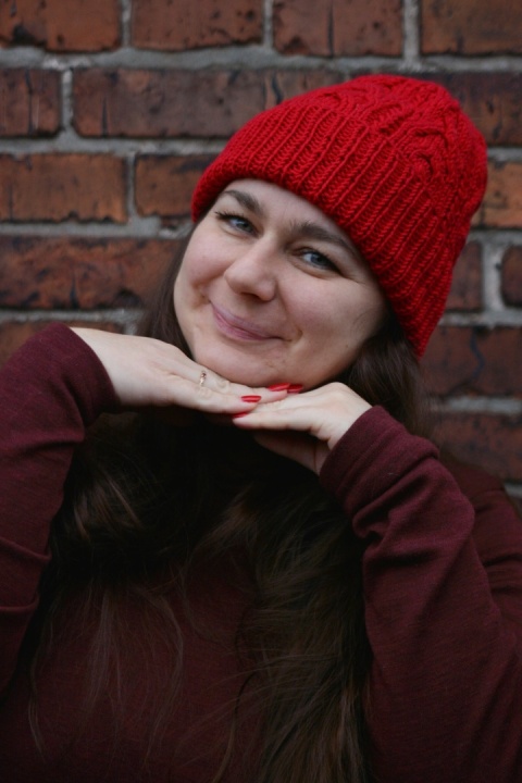 100% wełna merino czapka handmade warkocz czerwona 1