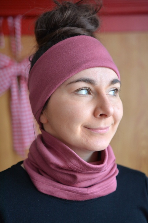 KOMPLET 100% wełna merino komin+opaska BRUDNY RÓŻ