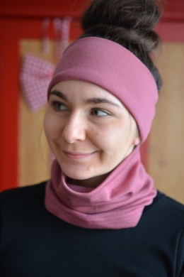 KOMPLET 100% wełna merino komin+opaska BRUDNY RÓŻ