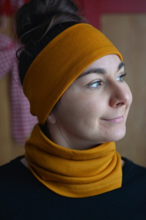 KOMPLET 100% wełna merino komin+opaska MUSZTARDA