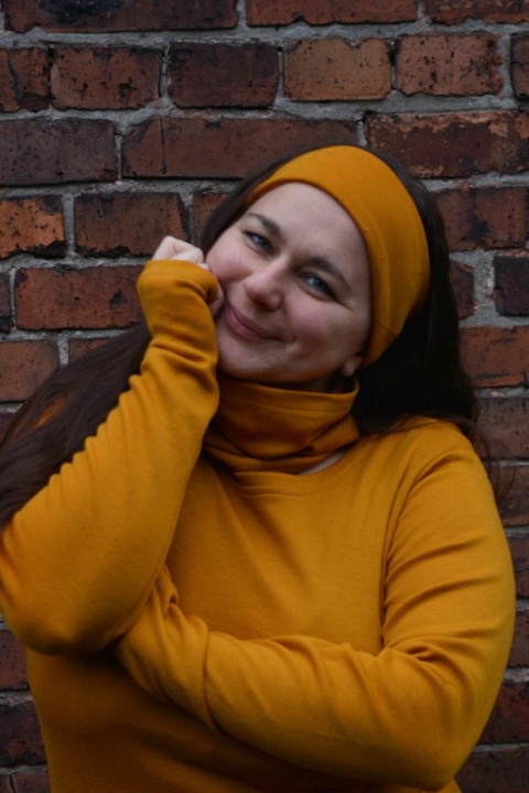 KOMPLET 100% wełna merino komin+opaska MUSZTARDA