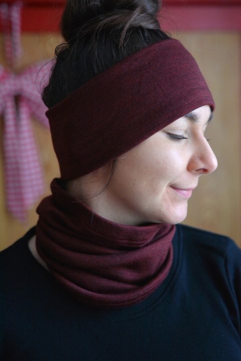 KOMPLET 100% wełna merino komin+opaska WINO