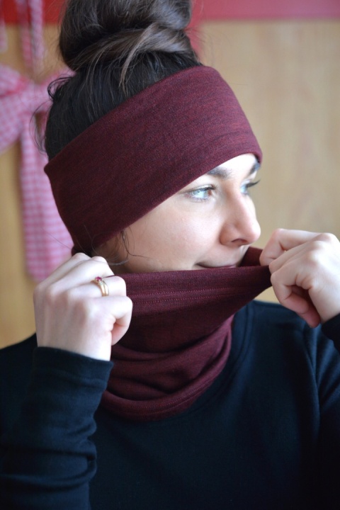 KOMPLET 100% wełna merino komin+opaska WINO