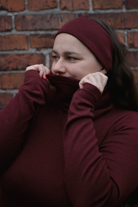 KOMPLET 100% wełna merino komin+opaska WINO