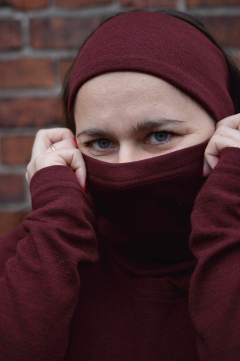 KOMPLET 100% wełna merino komin+opaska WINO