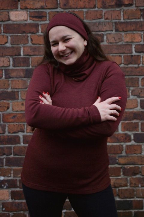 KOMPLET 100% wełna merino komin+opaska WINO