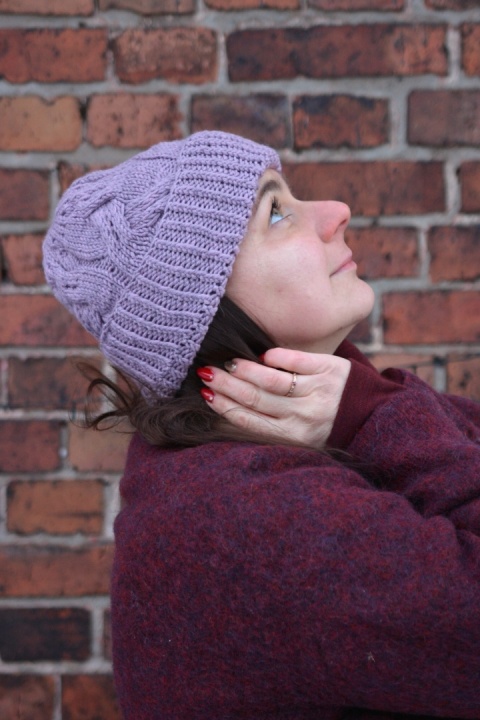 100% wełna merino czapka handmade warkocz lawenda