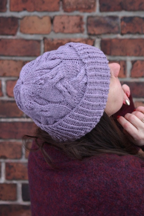 100% wełna merino czapka handmade warkocz lawenda