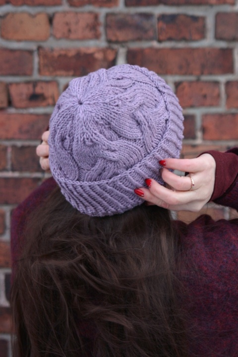 100% wełna merino czapka handmade warkocz lawenda