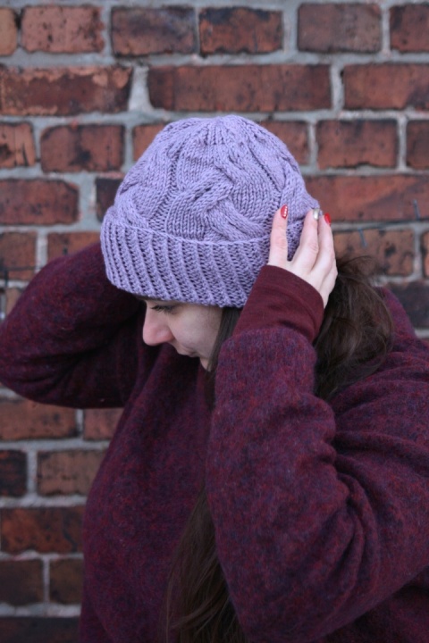 100% wełna merino czapka handmade warkocz lawenda