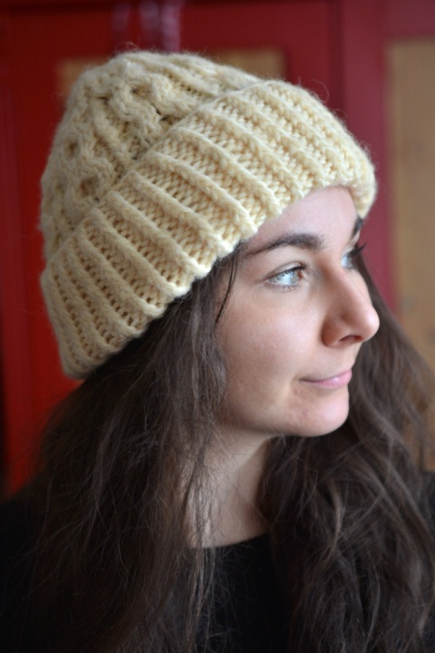 Merino + alpaka czapka handmade warkocz masełkowa