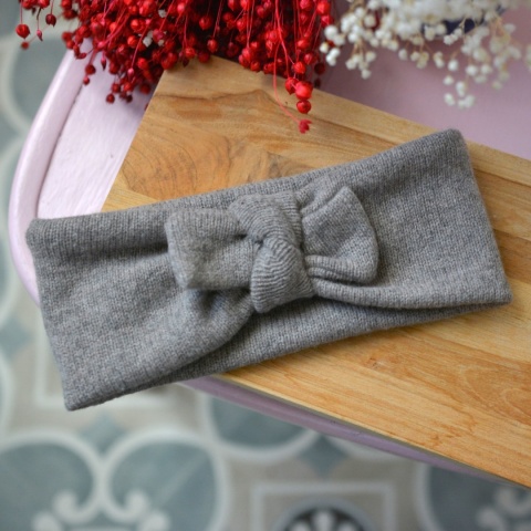 Mokka z kokardką wełna jagnięca opaska upcykling bardzo ciepła