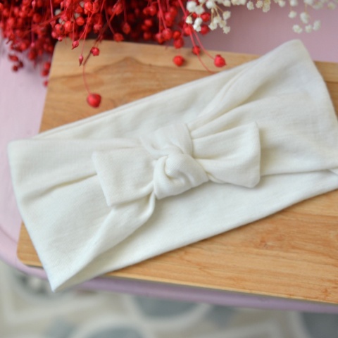 Opaska śmietanka super soft z kokardką MERINO upcykling cienka