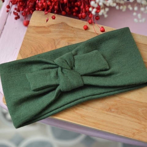 Opaska butelkowa zieleń 1 MERINO z kokardką upcykling cienka