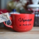 Usmiech w płynie, kubek ręcznie malowany Miny Moose czerwony